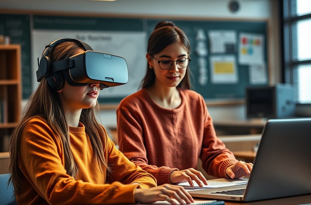 This photograph shows a teacher progress monitoring alongside a student wearing a VR headset.