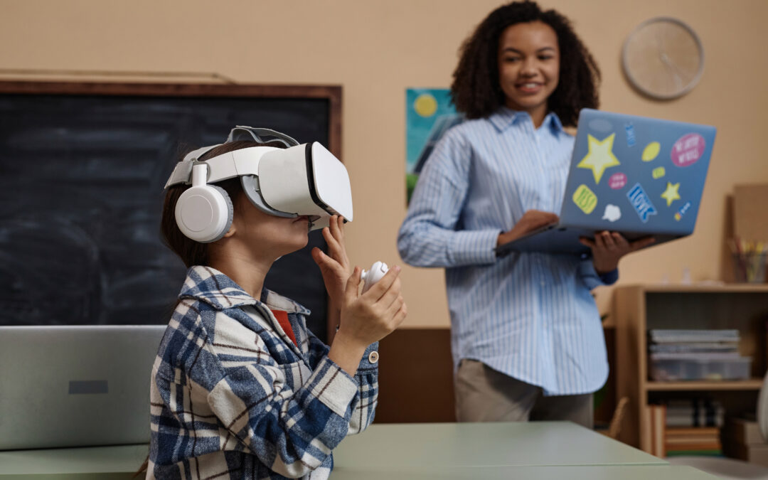 Side view portrait of little girl wearing VR headset in class and enjoying futuristic learning technology.